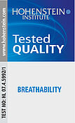 <p>Kwaliteitslabel „ademend“, getest door het Hohenstein Instituut. Hier wordt de doorgangsweerstand voor waterdamp gemeten – dit resulteert in de beoordeling van het draagcomfort voor cleanroomstoffen. Deze waarde is te vinden in de technische gegevens van de afzonderlijke stoffen.</p>