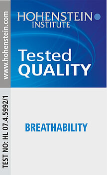 <p>Quality seal "breathable", tested by the Hohenstein Institute. The resistance to water vapour transmission is measured - this is the basis for the wearing comfort rating for cleanroom fabrics. This value can be found in the technical data of the respective fabrics.</p>