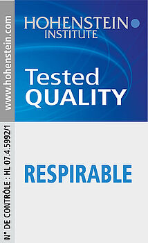 <p>Label de qualité "respirable", testé par les Instituts Hohenstein. On mesure ici la résistance à la vapeur d’eau, s'ensuit la note de confort de port des tissus pour salle propre. Vous trouverez le taux dans les fiches techniques des tissus en question.</p>